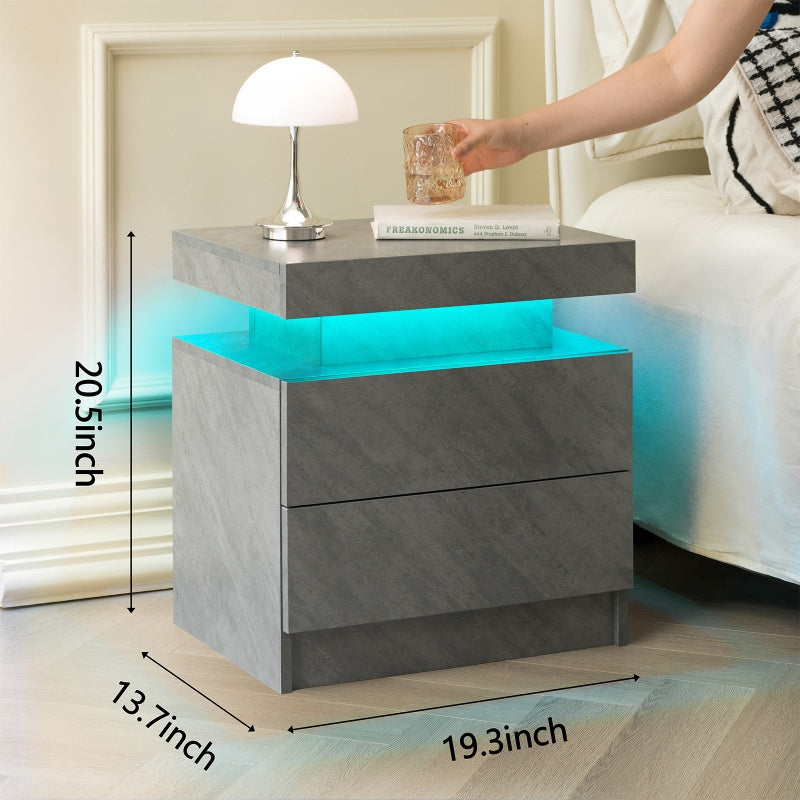 Modern LED Nightstand with 2 Drawers – Deep Gray Bedside Table with Adjustable Cabinet Lights