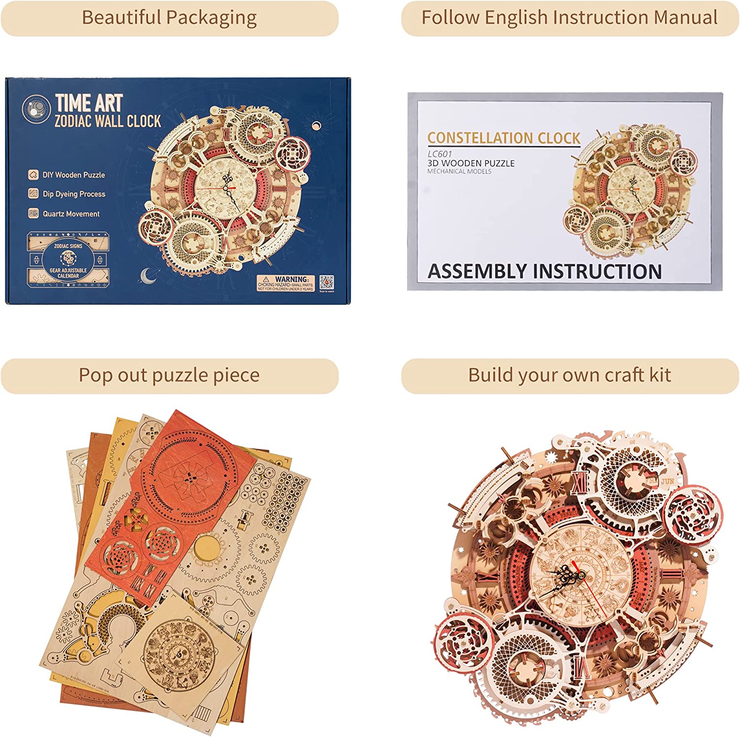 Zodiac Wall Clock – Robotime ROKR Time Art 3D Wooden Puzzle Clock Model Kit