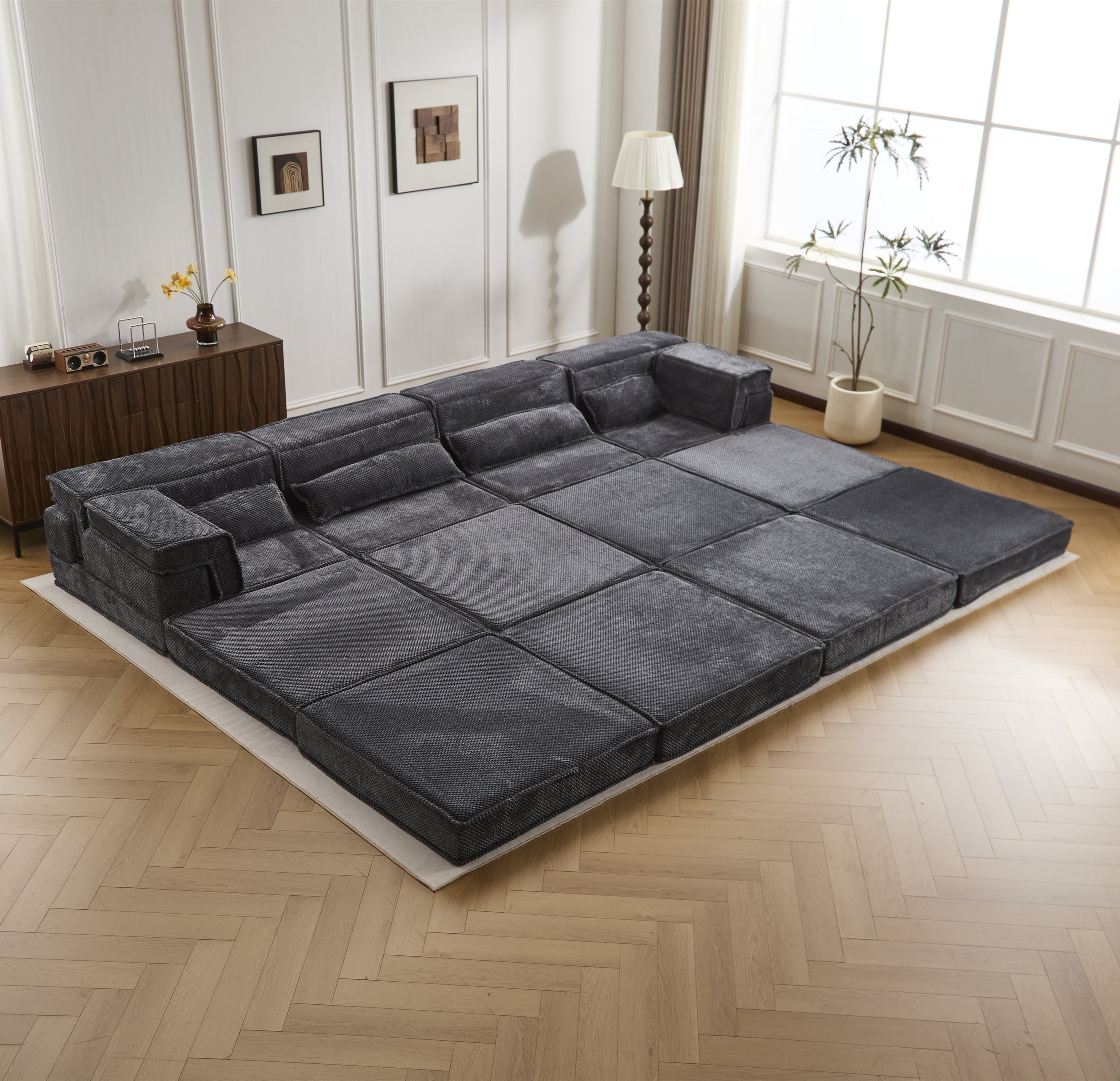 Compression Mahjong Modular Sofa Bed – 4-Seater Convertible Floor Sofa with Ottomans | Dark Grey