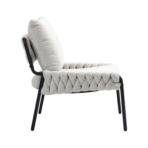 Modern Accent Lounge Chair – Braided Upholstery Armchair with Metal Frame (Beige)