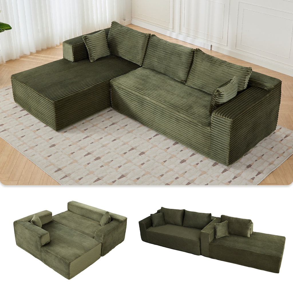 L-Shaped Compression Sofa Bed with Corduroy Fabric – Convertible Sectional Sleeper Couch for Small Apartments & Living Rooms