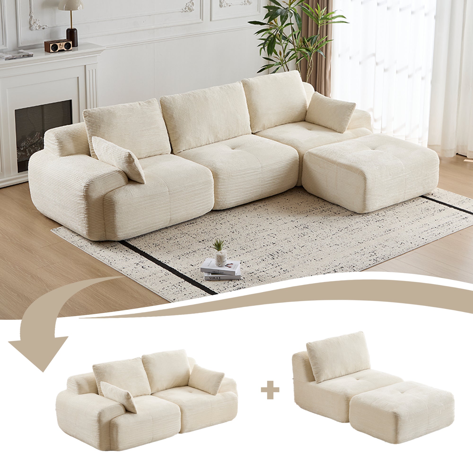 Modern Memory Foam Modular Sectional Sofa – 3-Seat Cloud Couch in Beige (No Assembly Required)