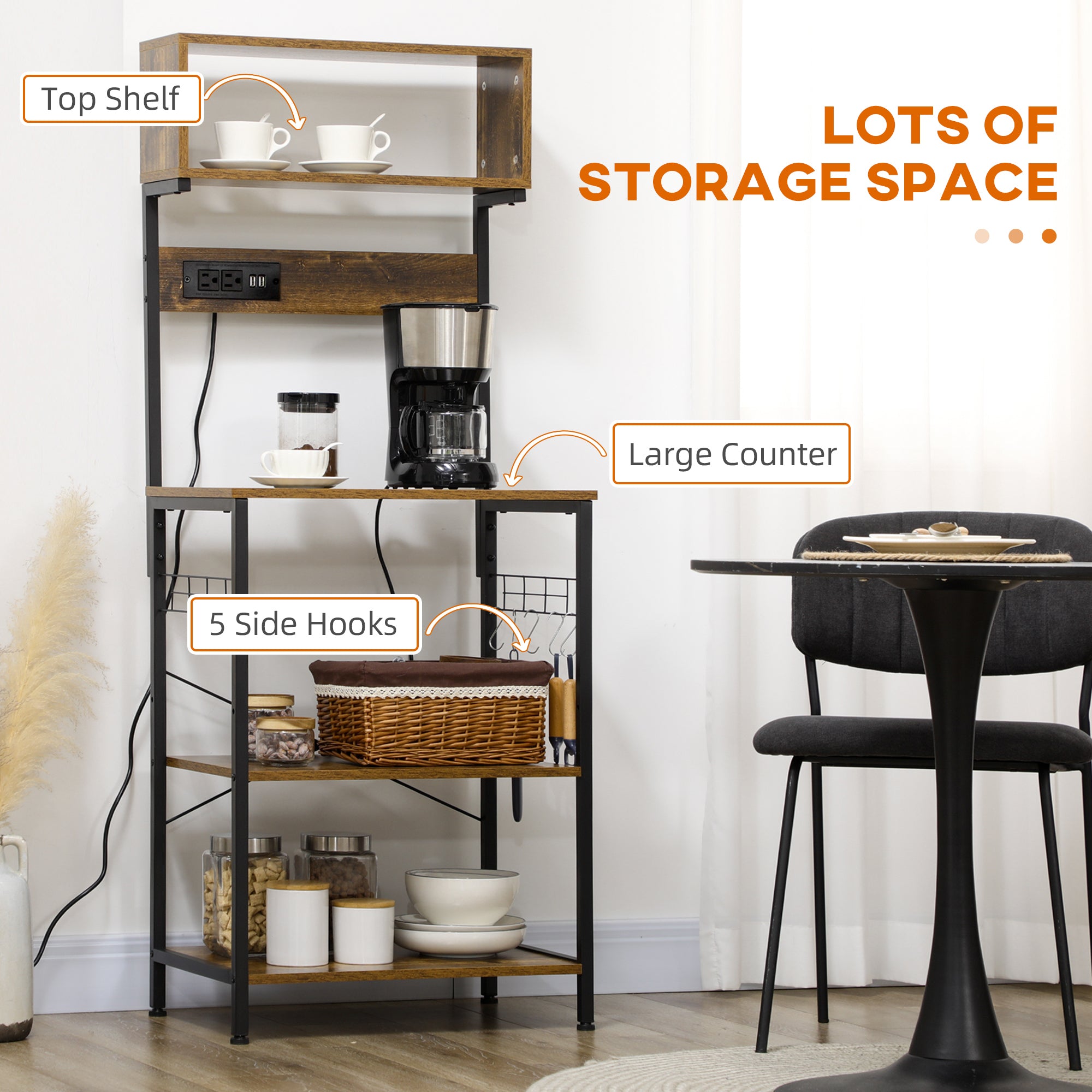 Kitchen Baker’s Rack with Power Outlet, LED Lights & Storage – Rustic Brown Microwave Stand & Coffee Bar Station