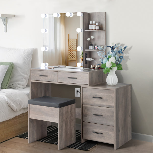 Modern LED Vanity Dressing Table with Mirror Cabinet, Stool & Charging Station – White