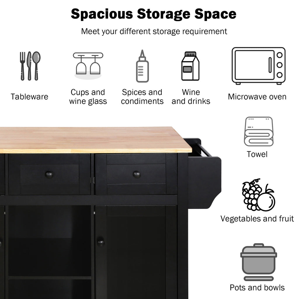 Kitchen Cart with Rubberwood Drop-Leaf Countertop & Storage Cabinet – Rolling Kitchen Island on Wheels, Black