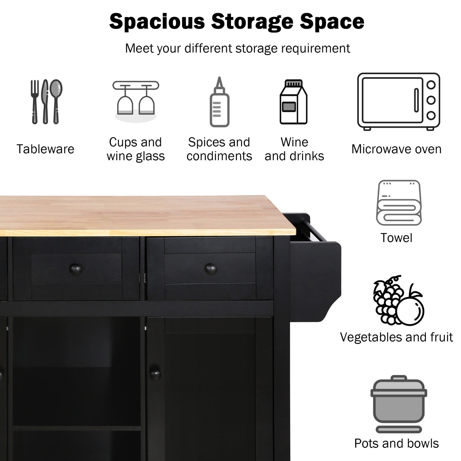 Kitchen Cart with Rubberwood Drop-Leaf Countertop & Storage Cabinet – Rolling Kitchen Island on Wheels, Black