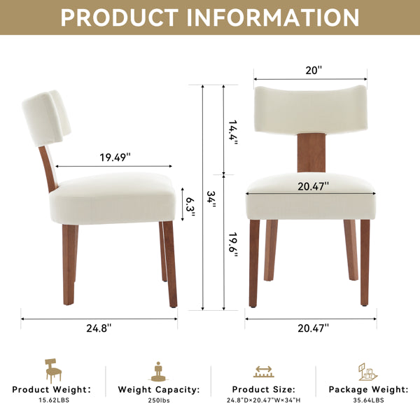 Set of 2 Modern Armless Dining Chairs – Linen Fabric Upholstered Chairs with Curved Back & Solid Wood Legs (Beige)
