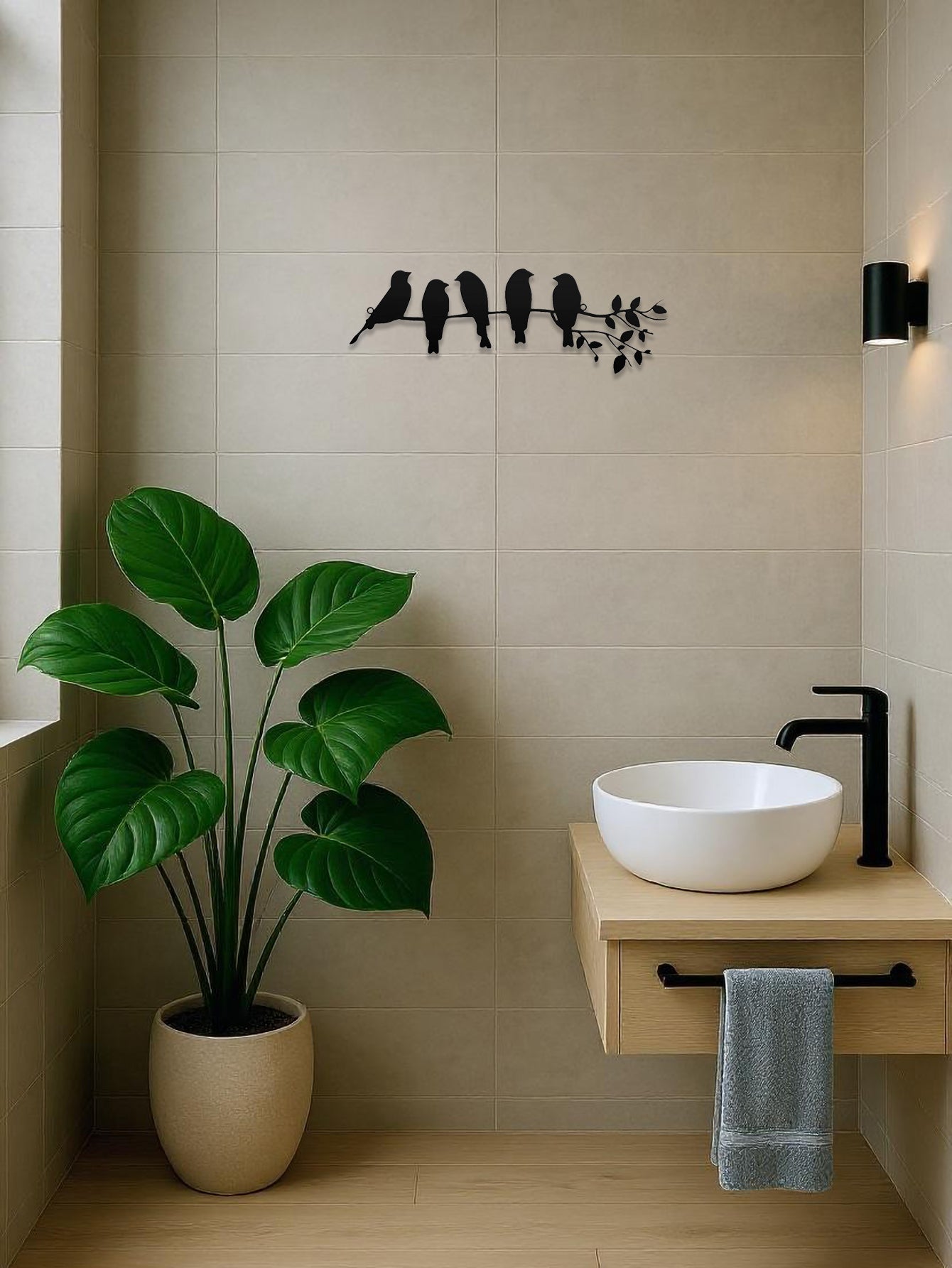 1PC Metal Bird Wall Art – Bird on Branch Wall Ornament with Leaves Sculpture