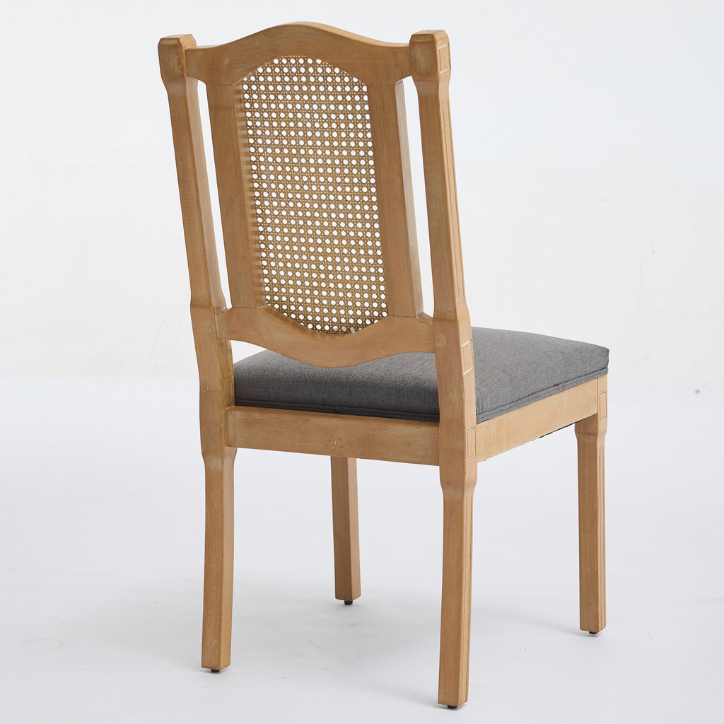 Solid Wood Rattan-Back Dining Chair Set of 2 – Linen Upholstered Classic Chairs for Dining Room & Café