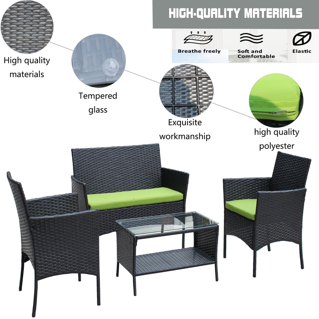 4-Piece Rattan Patio Furniture Set – Outdoor Wicker Sofa Set with Green Cushions