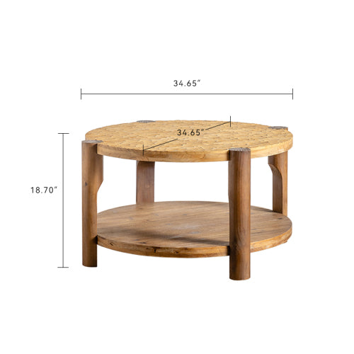 Round Solid Wood Coffee Table with Storage – 2-Tier Mid-Century Modern Design