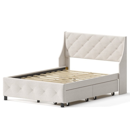 Queen Size Bed Frame with Storage Headboard & Drawers – Silent Metal Platform Bed