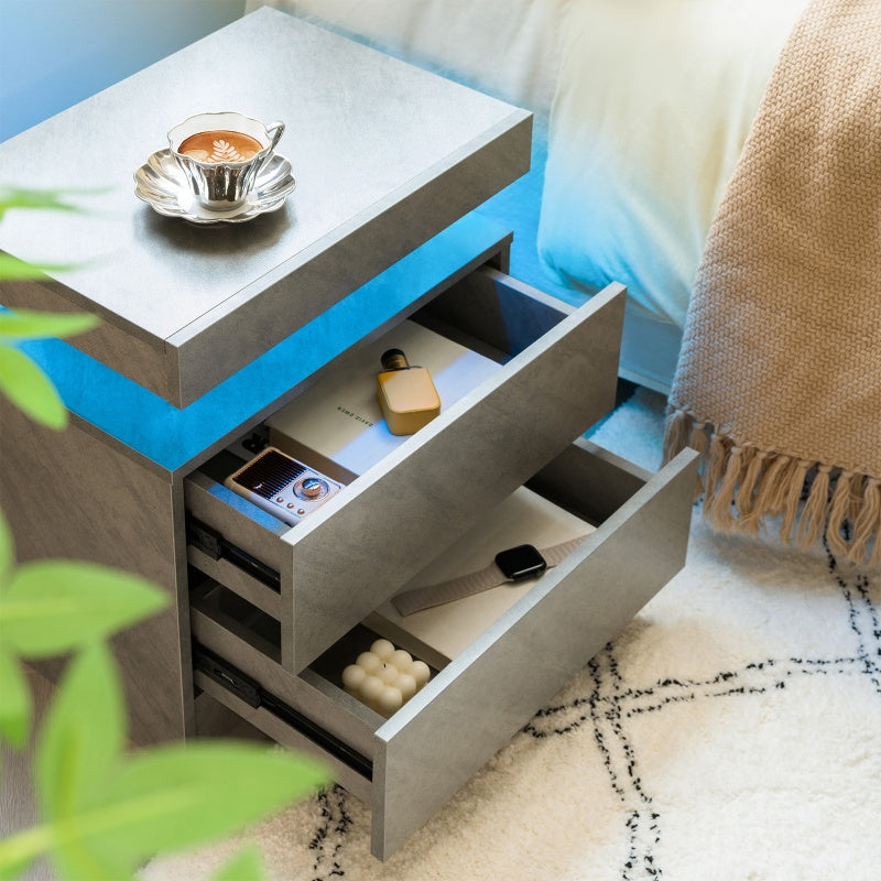 Modern LED Nightstand with 2 Drawers – Deep Gray Bedside Table with Adjustable Cabinet Lights