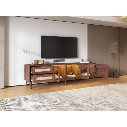 180cm Brown TV Cabinet with Rattan Drawers, Glass Doors & LED Lighting – Modern Entertainment TV Stand
