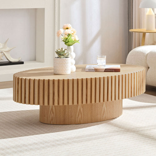 Modern Handcrafted Drum Coffee Table – 43.7" Oval Coffee Table in Natural Ash