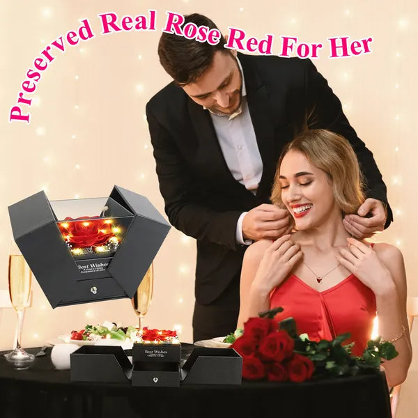 Valentine Special Preserved Red Real Rose with Heart Necklace – Eternal Flower Gift for Women