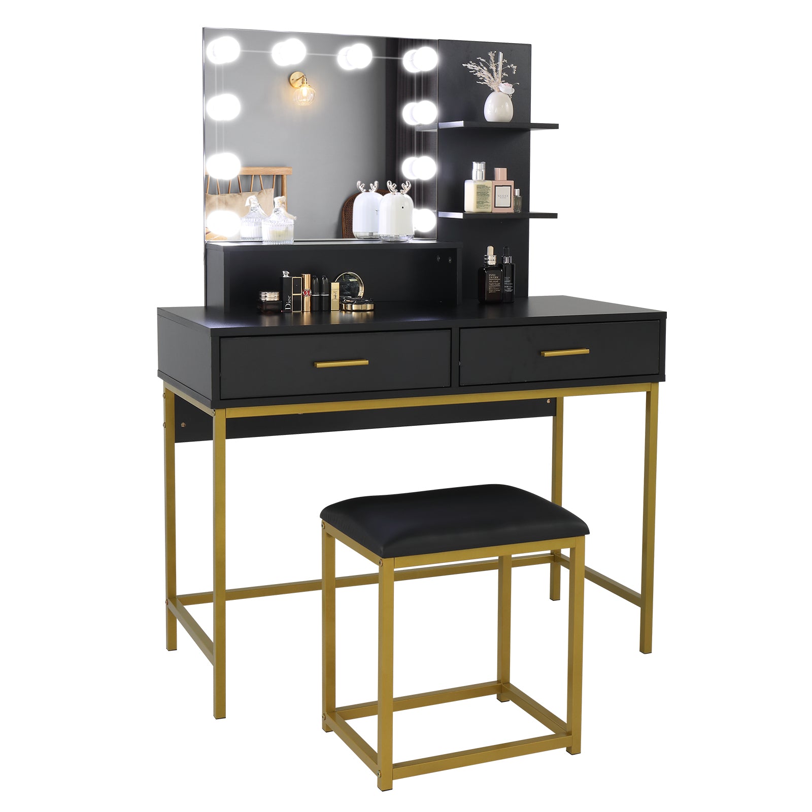 Modern Black Vanity Dressing Table Set with LED Lighted Mirror, Stool & Storage Drawers