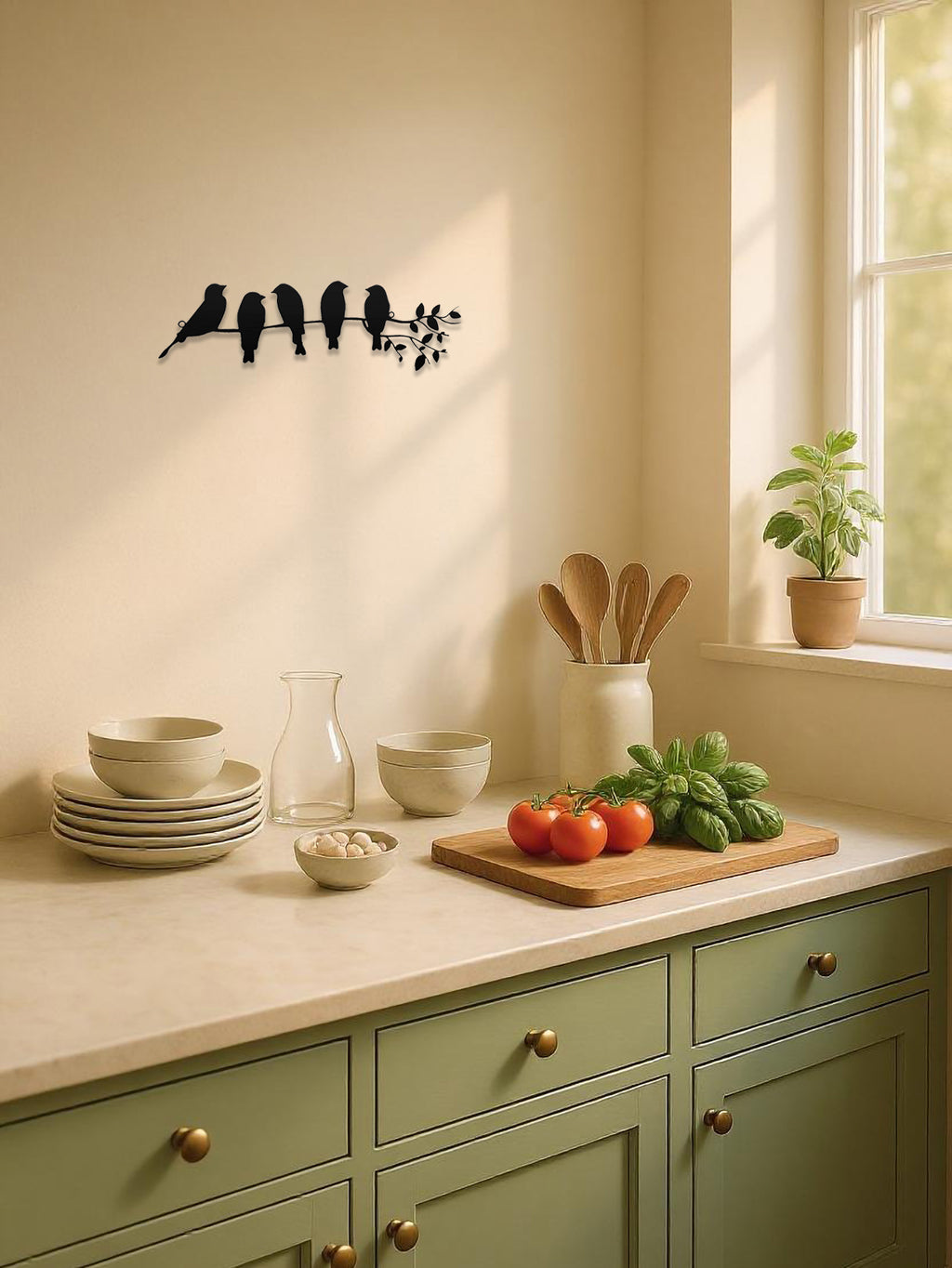 1PC Metal Bird Wall Art – Bird on Branch Wall Ornament with Leaves Sculpture