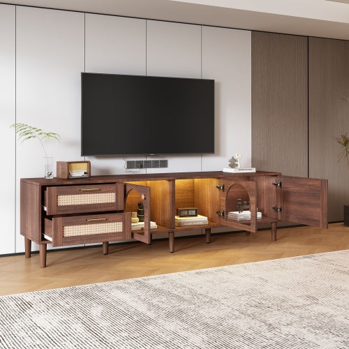 180cm Brown TV Cabinet with Rattan Drawers, Glass Doors & LED Lighting – Modern Entertainment TV Stand