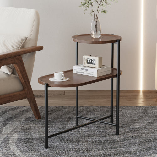 Small 2-Tier Modern Coffee Table – Walnut Brown Sofa Side Table with Wood Storage Shelf