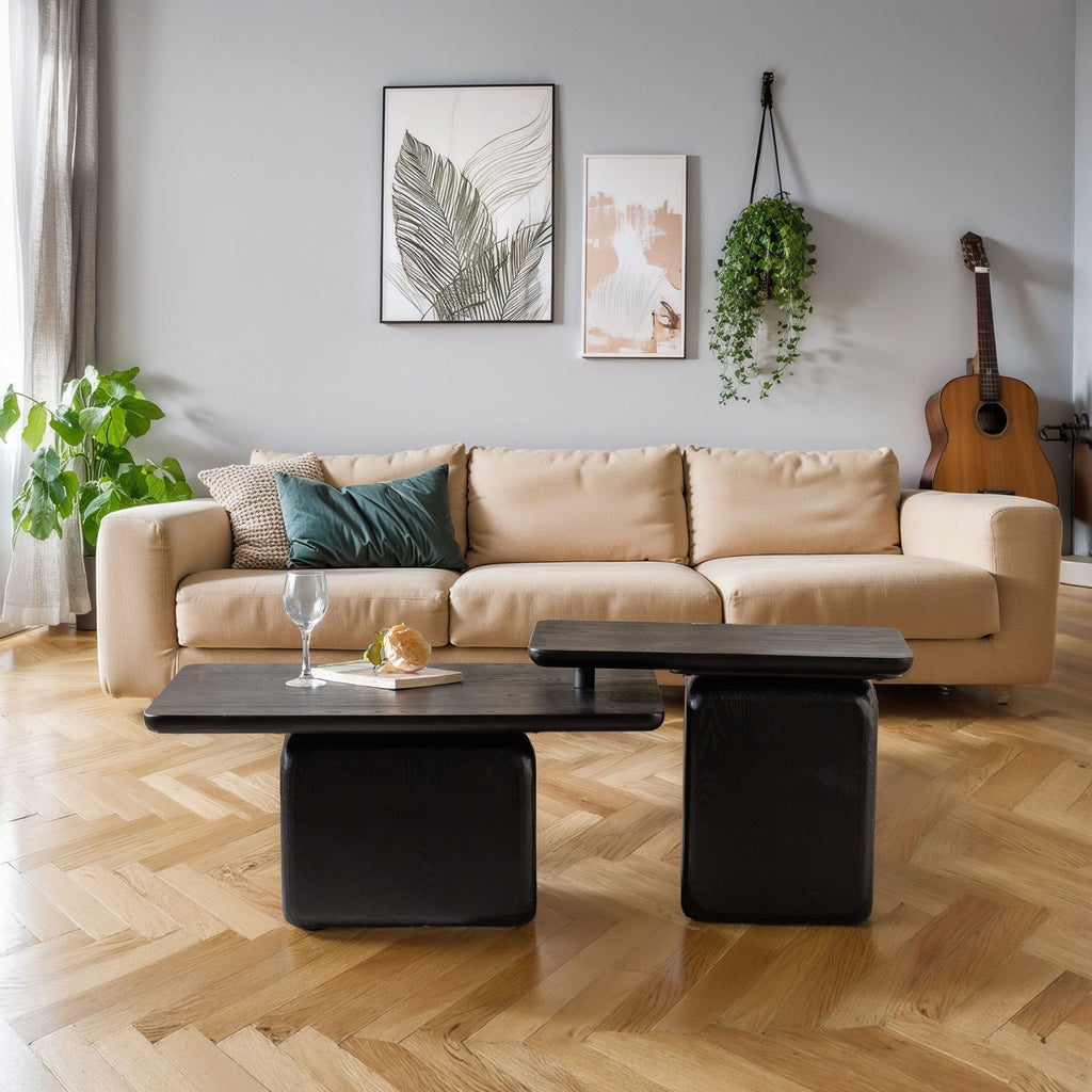 Vintage Square Coffee Table Set (Set of 2) – Black Wood Grain Finish