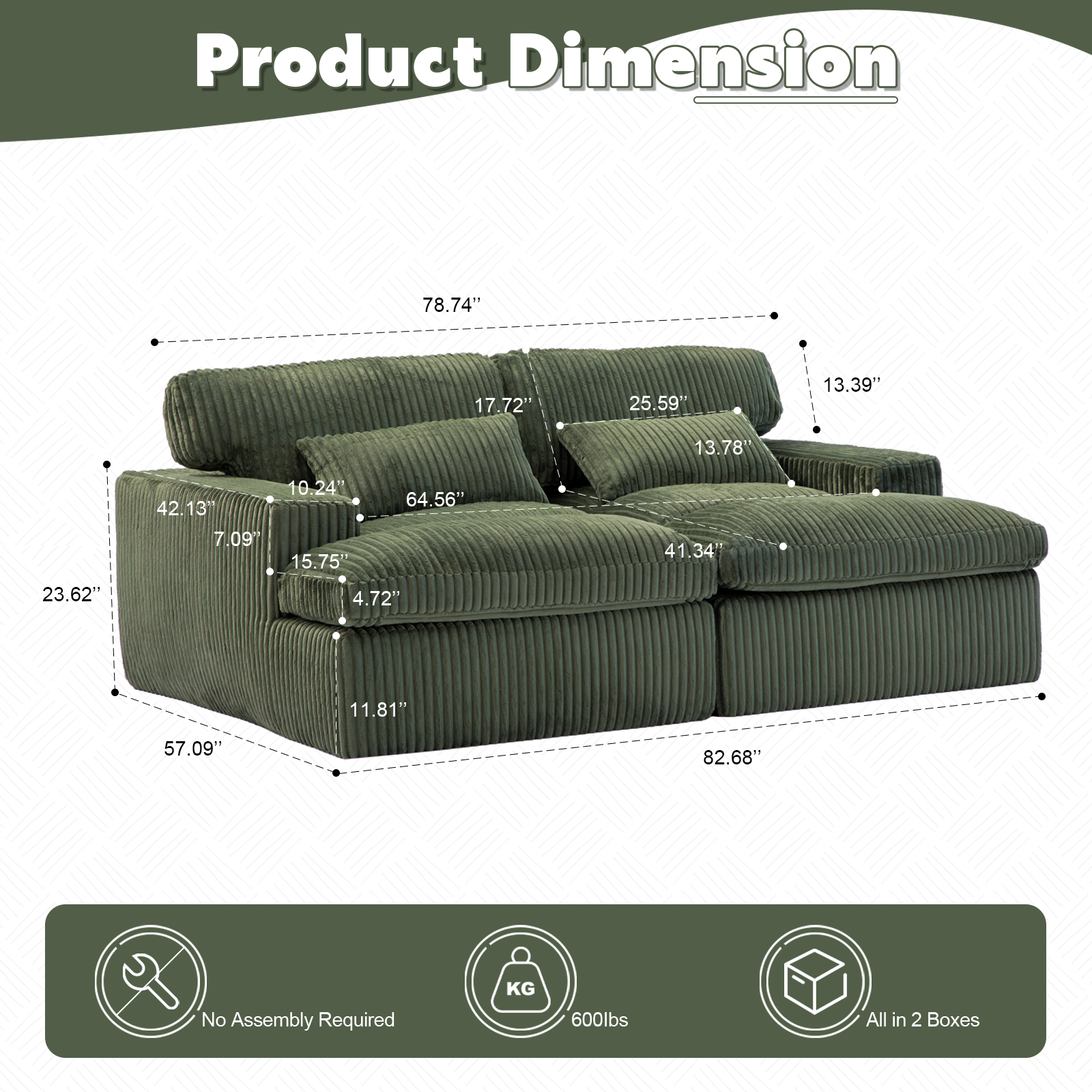 Double Chaise Lounge Sleeper Sofa – Oversized Corduroy Cloud Couch with Memory Foam, Green