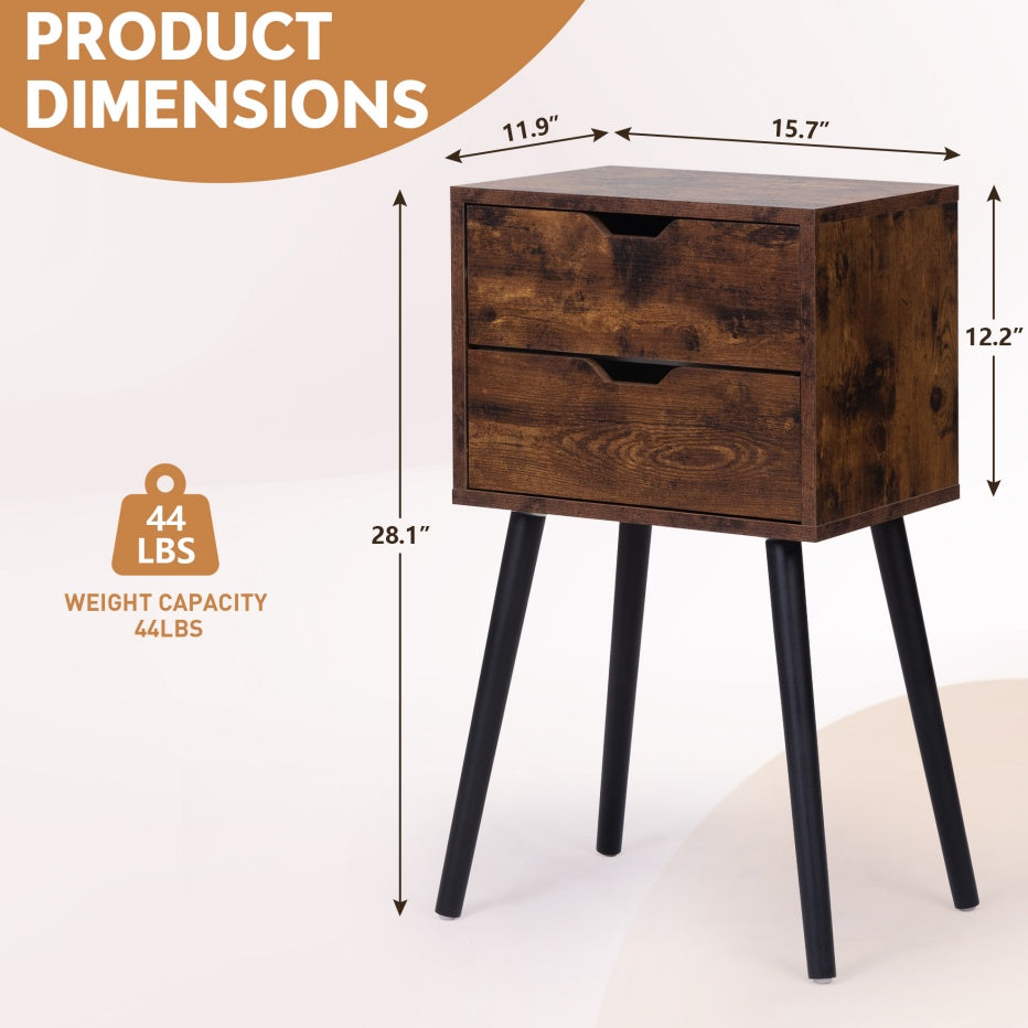 Modern Nightstand with 2 Drawers – Solid Wood Bedroom & Living Room Side Table