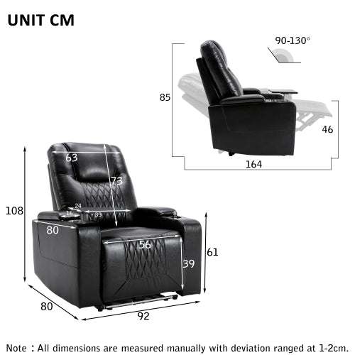 Electric Recliner Chair with USB, LED Ambient Lighting & 360° Swivel Tray – PU Leather Gaming & Home Theater Recliner (Black)