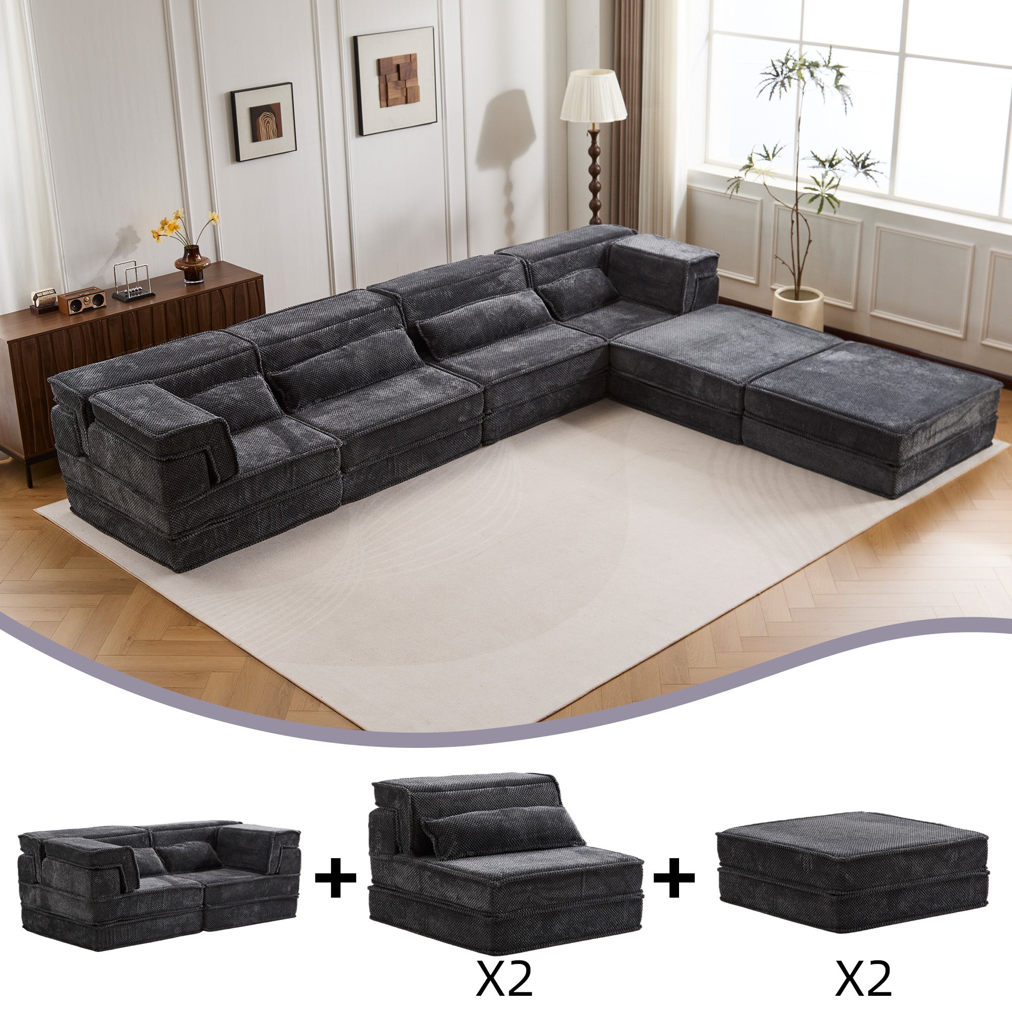 Compression Mahjong Modular Sofa Bed – 4-Seater Convertible Floor Sofa with Ottomans | Dark Grey