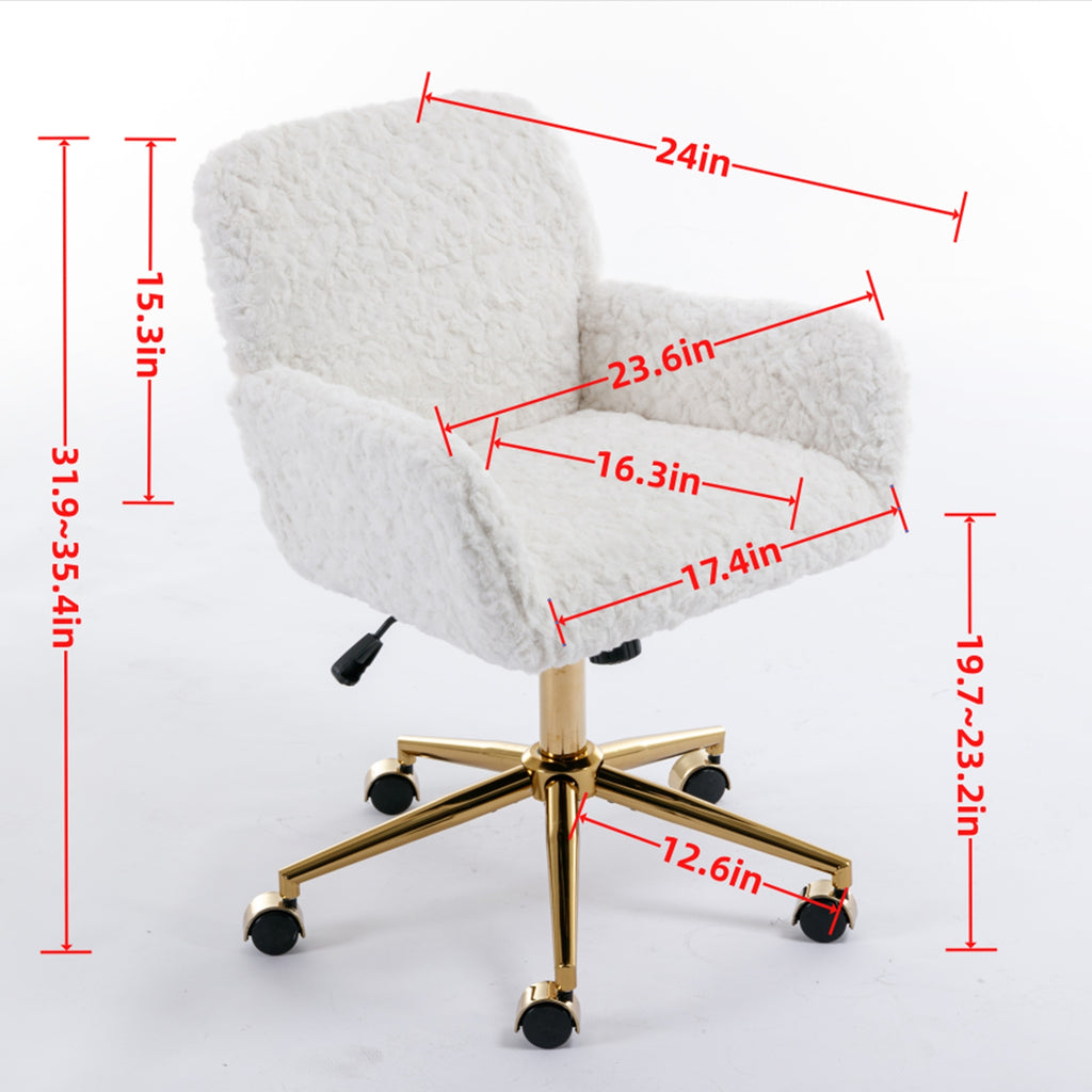 A&A Furniture Pink Office Chair – Faux Rabbit Fur Adjustable Swivel Desk & Vanity Chair with Gold Metal Base