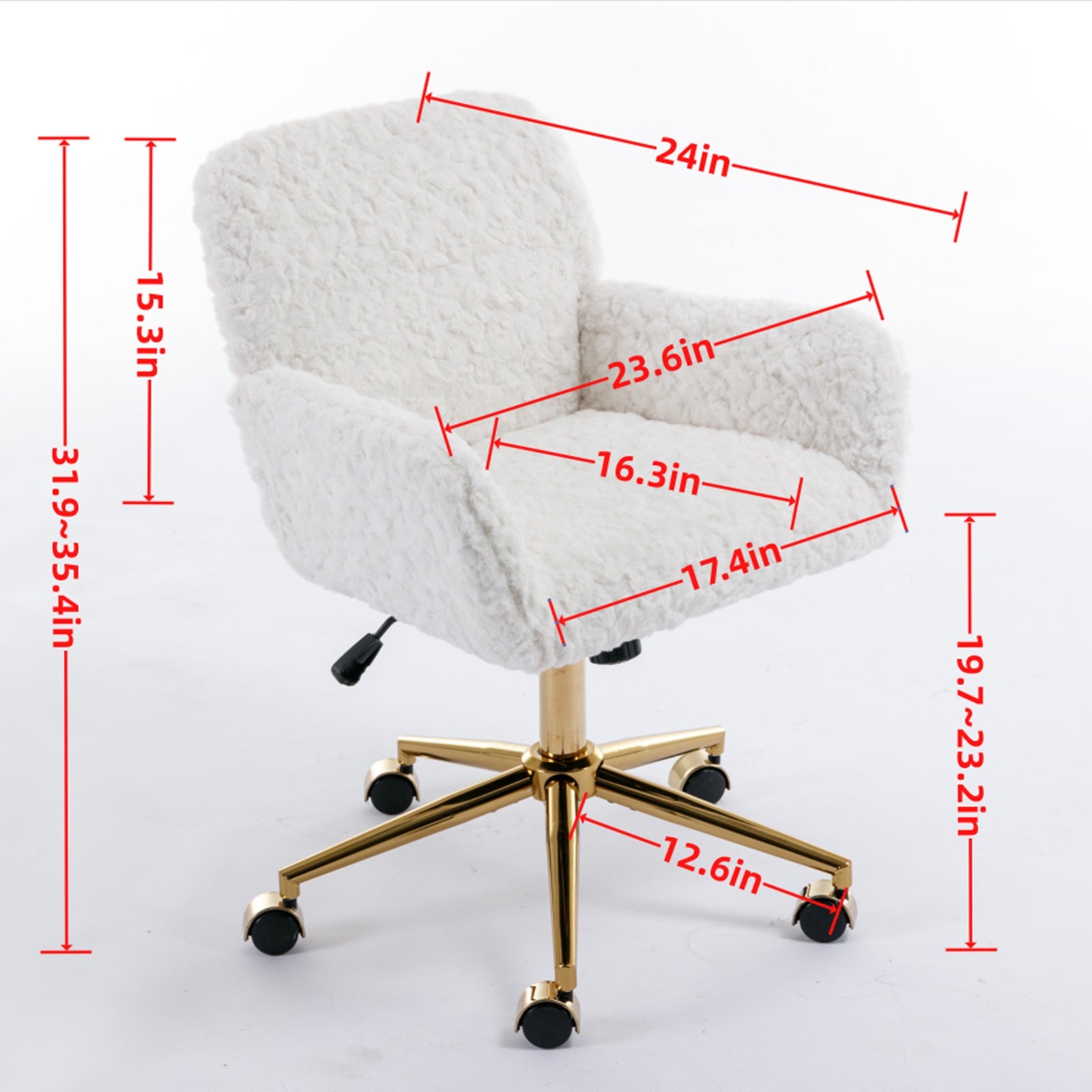 A&A Furniture Pink Office Chair – Faux Rabbit Fur Adjustable Swivel Desk & Vanity Chair with Gold Metal Base