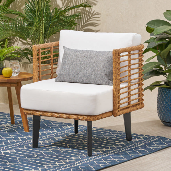 Outdoor Club Chair – Modern Wicker Chair with Acacia Wood Legs and Water-Resistant Cushions