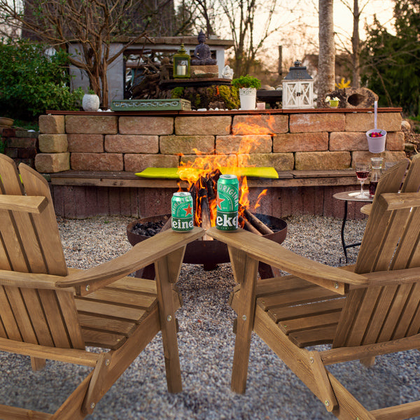 Two outdoor folding beach and patio lounge chairs made of solid wood Set of Adirondack chairs.