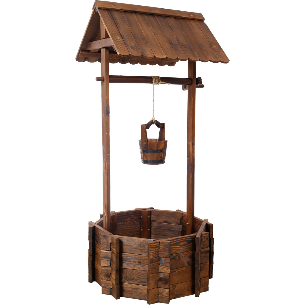 Rustic wooden wishing well planter outdoor garden decor with hanging bucket