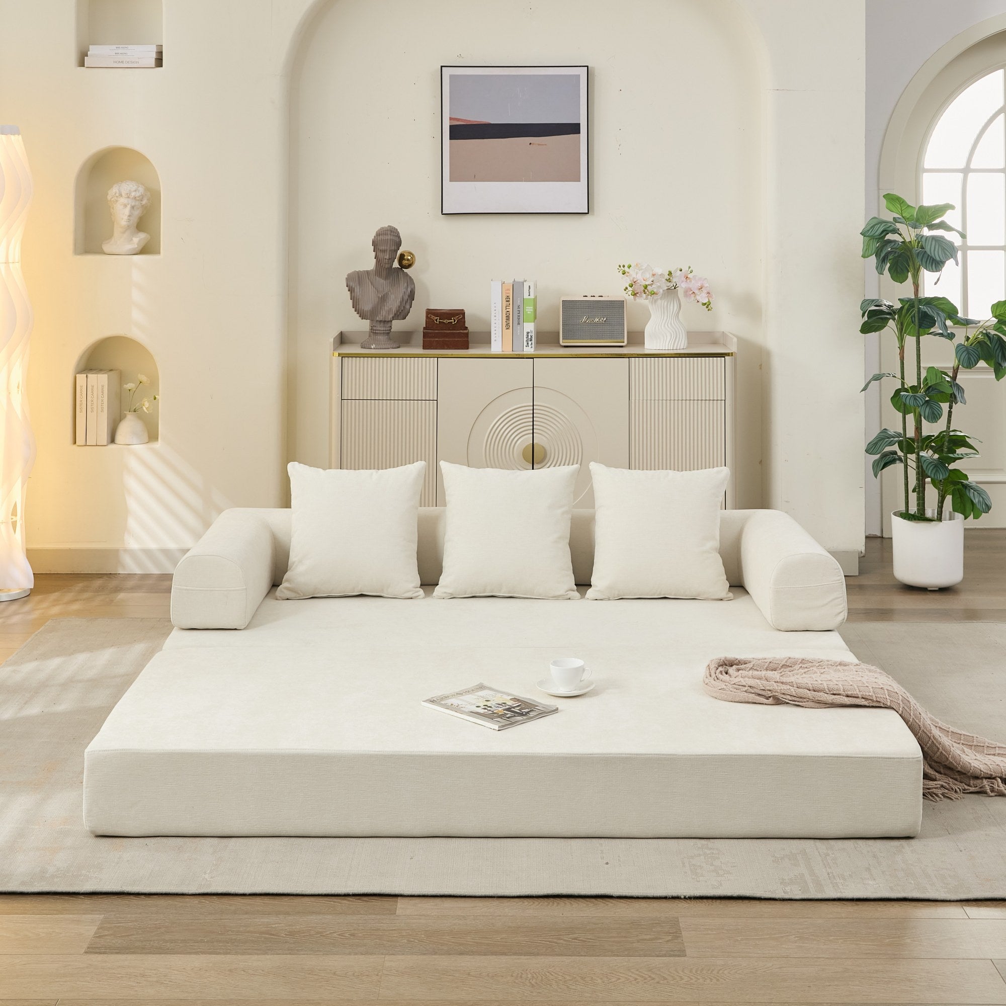 Soft chenille floor sofa bed with armrests for living room