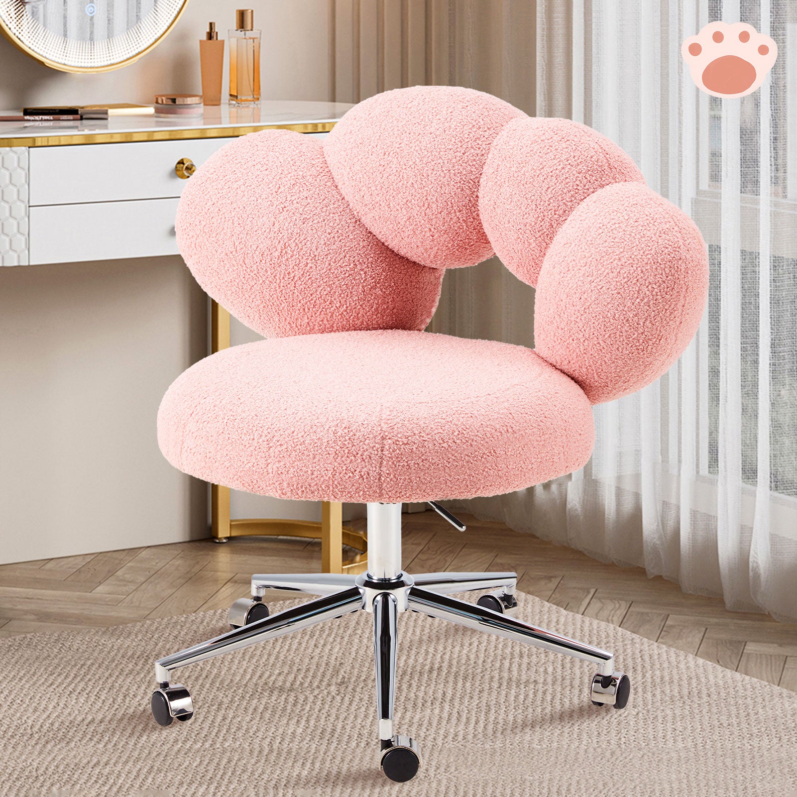 Fabric vanity chair with wheels rolling makeup chair for bedroom and dressing table
